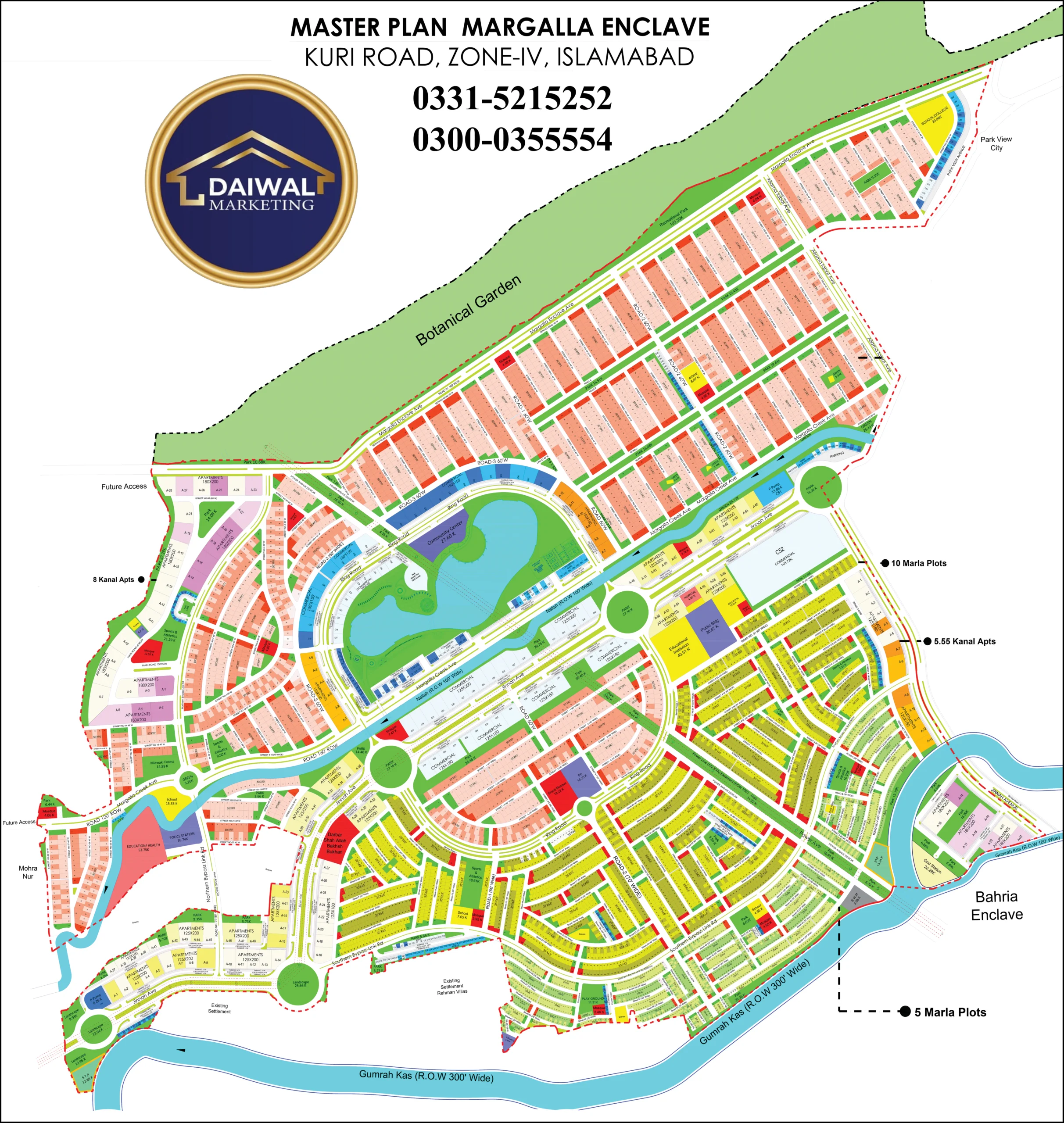 Margalla Enclave master plan showing residential plots, commercial zones, roads, parks, lake, and nearby landmarks in Islamabad