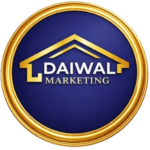 Circular blue-and-gold Daiwal Marketing logo featuring a stylized house roof above the company name.