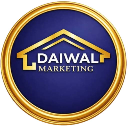 Circular blue-and-gold Daiwal Marketing logo featuring a stylized house roof above the company name.